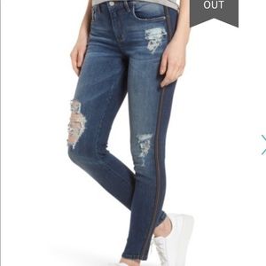 BP. Tuxedo stripe ripped skinny jeans size 31 denim blue pants zip up distressed